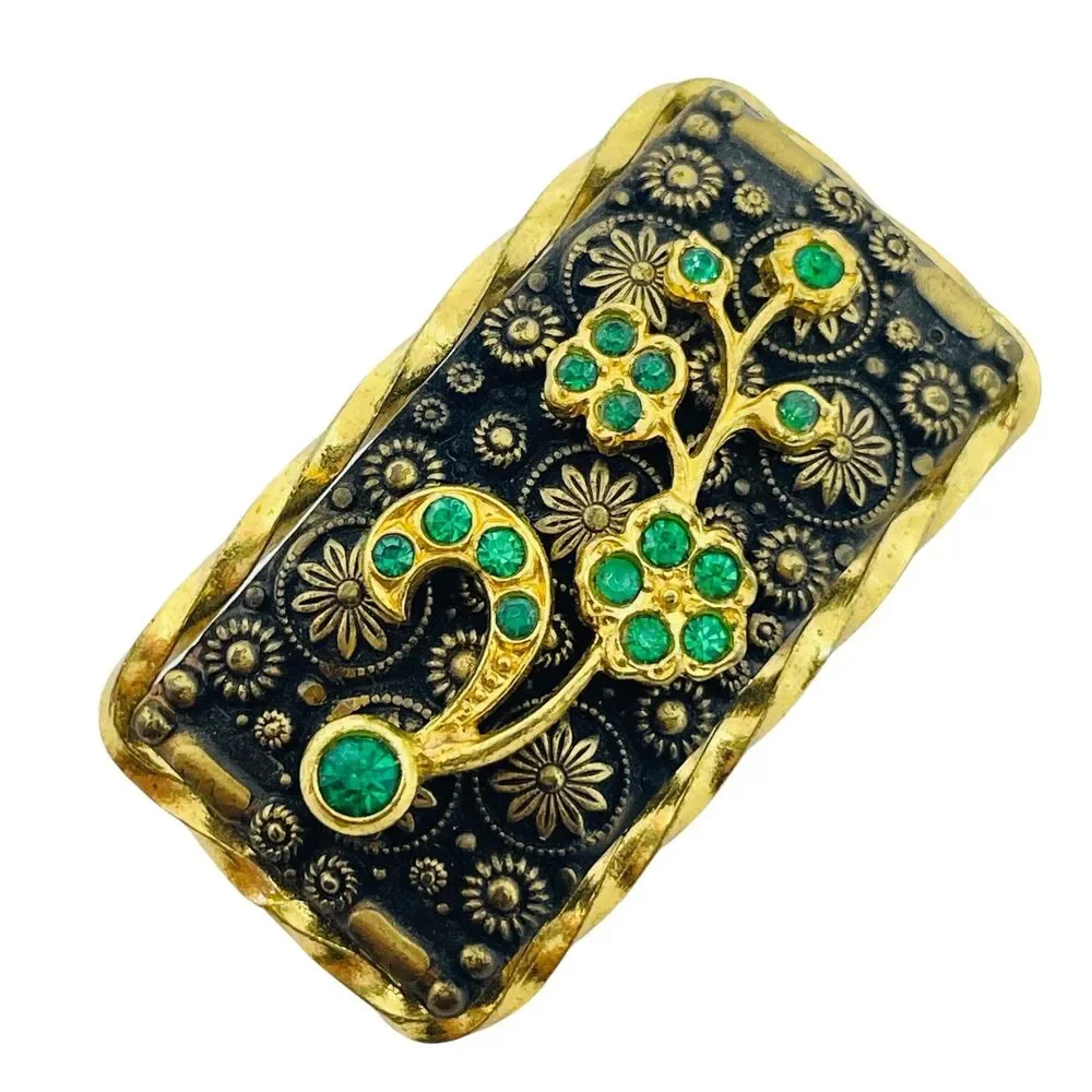 Vintage CZECHO signed gold plated emerald rhinestones brooch